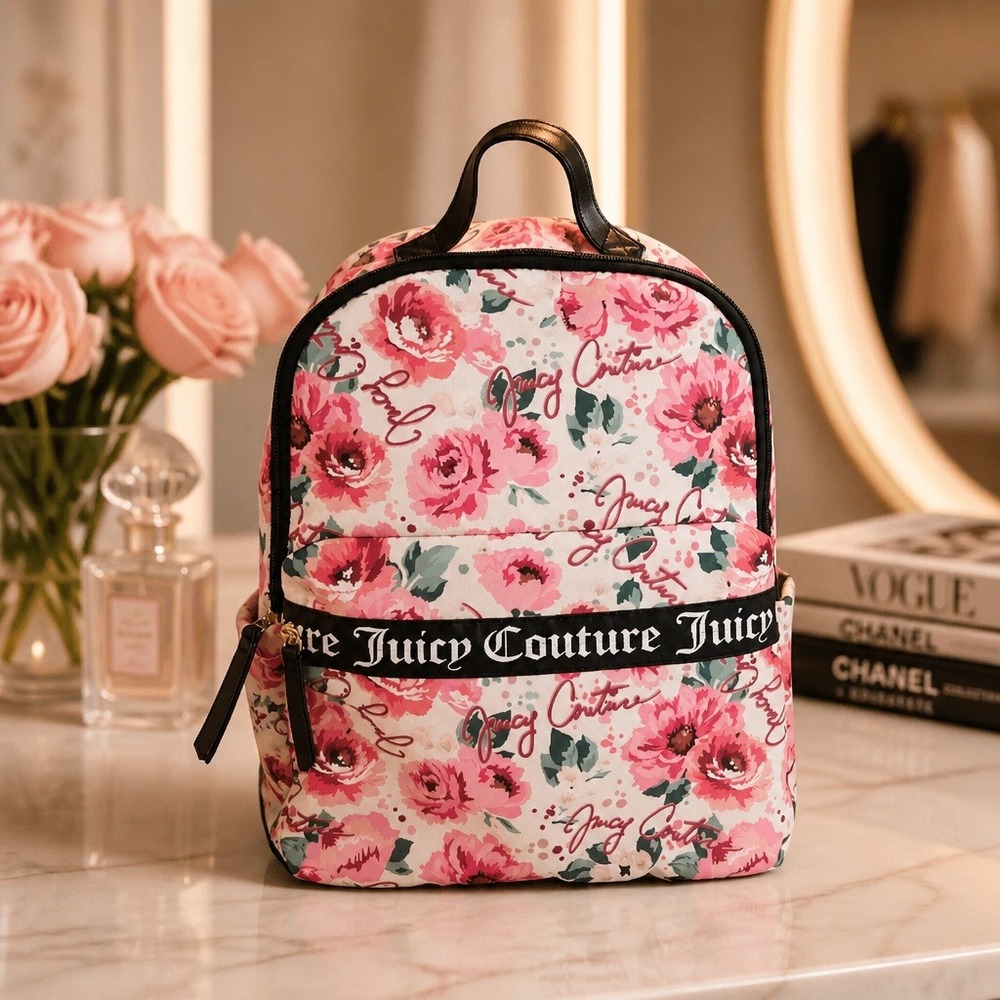 Juicy Couture Floral Print Backpack Pink White Black Logo Tape Trim
